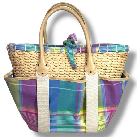 Lauren Ralph Lauren Madras Plaid Straw Tote Bag Canvas Beach Bag Preppy Vacation - Picture 2 of 8